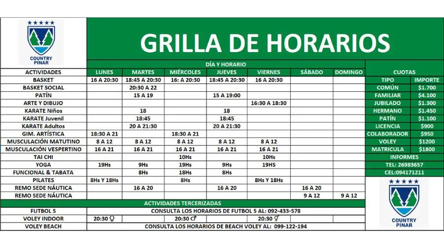 grilla horarios Enero de 2025 en Country El Pinar